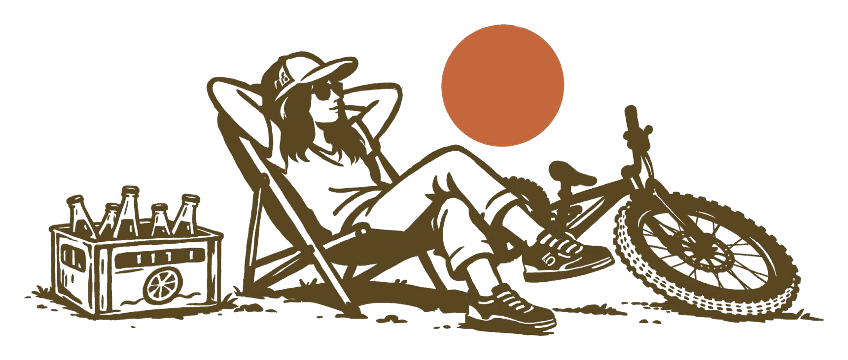 Ilustracja: kobieta odpoczywa na leżaku po jeździe, obok skrzynka butelek i rower MTB na trawie, nisko zawieszone pomarańczowe słońce